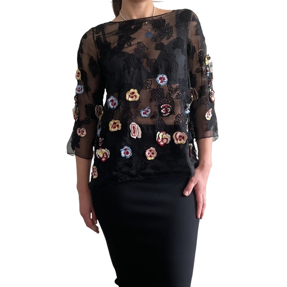 SUNO Sheer Emroidered Blouse with Appliqué Flowers